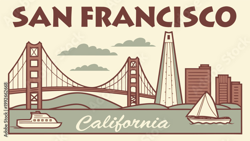 Modern San Francisco cityscape and Golden Gate Bridge vector travel wall art