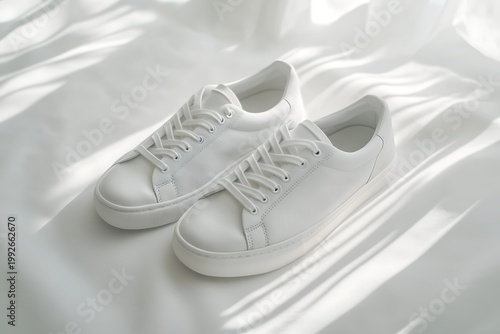 Clean White Sneakers on a Textured White Surface with Natural Light Shadows.