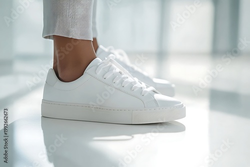 Clean White Sneakers on a Persons Feet in a Bright Modern Space.
