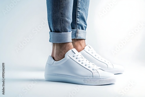 Clean White Sneakers Paired with Rolled Up Jeans on a White Background.