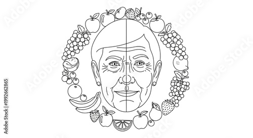 Aging Woman's Face Divided, Surrounded by Fruit Garland: Healthy Diet vs. Unhealthy