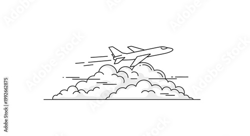 Airplane flying through clouds, travel and transport concept, line art illustration
