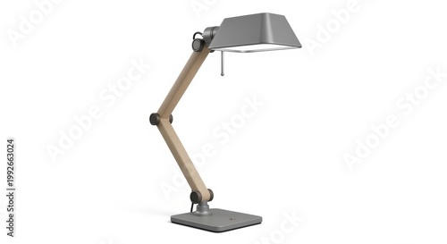Modern adjustable desk lamp with sleek design and wooden arm for contemporary office or study space isolated on white background