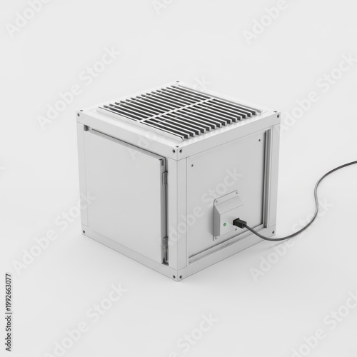 Modern electric space heater with metal grid and adjustable legs on a plain background isolated on white background