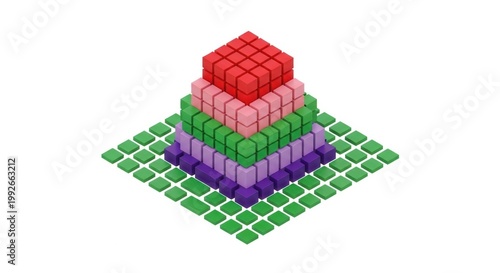 A pixelated 3d rendering of a layered pyramid structure with vibrant colors isolated on white background