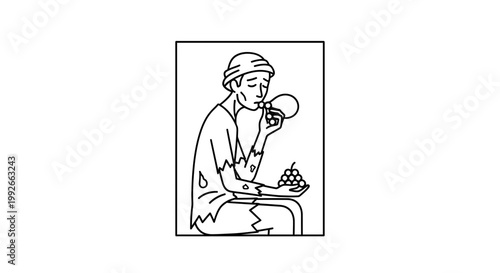 Thin Person Eating Grapes and Drinking from a Flask