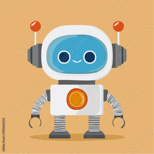 Cute cartoon robot with blue screen and orange accents