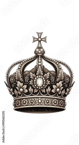 Intricate royal crown with ornate cross and floral embellishments isolated on white background