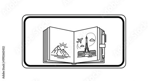 Travel Journal Sketch: Mountains, Eiffel Tower, Airplane, Pen - Adventure Planning Icon
