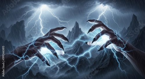 Stormy flock of mythical creatures soaring through electrified skies with dramatic lightning strikes isolated on white background