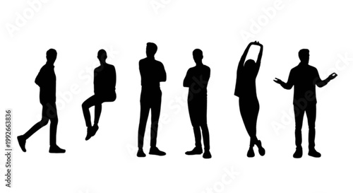 Silhouettes of people in various dynamic poses isolated on transparent background, Vector