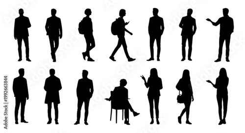 Silhouettes of people in various dynamic poses isolated on transparent background, Vector