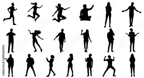 Dynamic silhouettes of people performing various dance moves isolated on transparent background, Vector
