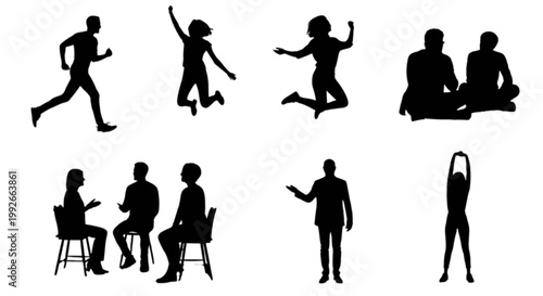 Diverse silhouettes of people in various daily activities isolated on transparent background, Vector