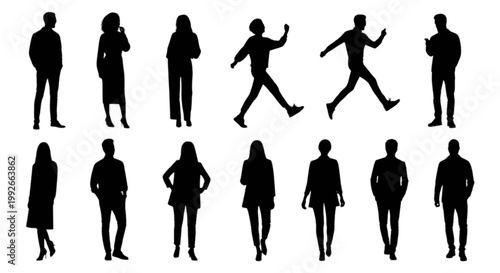 Diverse silhouettes of people in various dynamic poses isolated on transparent background, Vector