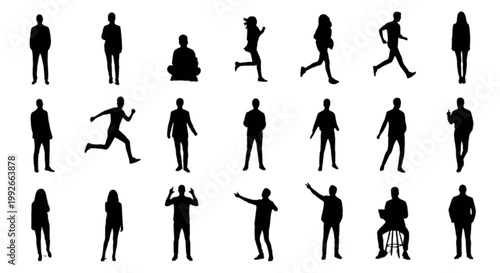 Diverse silhouettes of people in dynamic poses and activities isolated on transparent background, Vector