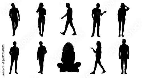 Silhouettes of people in various dynamic poses and actions isolated on transparent background, Vector