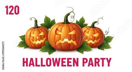 Halloween party invitation featuring three carved pumpkins with playful faces and festive greenery isolated on white background