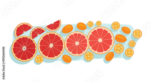 A vibrant flat lay illustration featuring red grapefruit slices and whole kumquats arranged neatly on a light background.