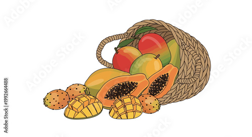 A woven basket overflowing with a colorful assortment of tropical fruits including mangoes, papayas, and prickly pears.