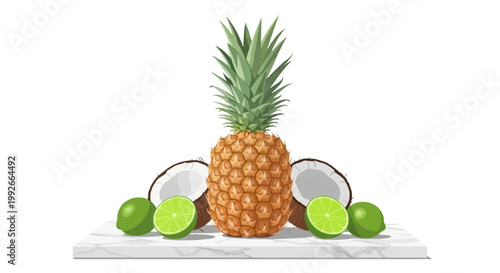 A vibrant illustration of a whole pineapple, two coconut halves, and four fresh limes arranged on a white marble surface, showcasing tropical fruits.