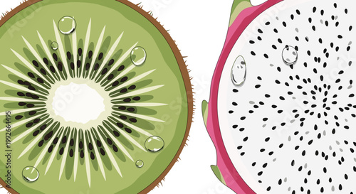 Close-up cross-sections of a vibrant green kiwi fruit and a white dragon fruit with black seeds, both featuring water droplets.
