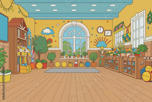 Colorful classroom with toys and plants in a bright space during daytime