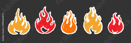Flame fire icon doodle set. Hand drawn flame fire brush stroke grunge chalk texture shape graphic. Hot explosion blast energy smoke spray sticker punk tattoo burst. Vector illustration