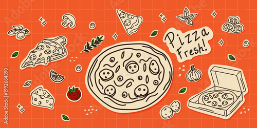 Doodle illustration: pizza with ingredients on an orange background. Stylized hand-drawn elements for a restaurant menu or food delivery ad. Creative culinary graphic design.