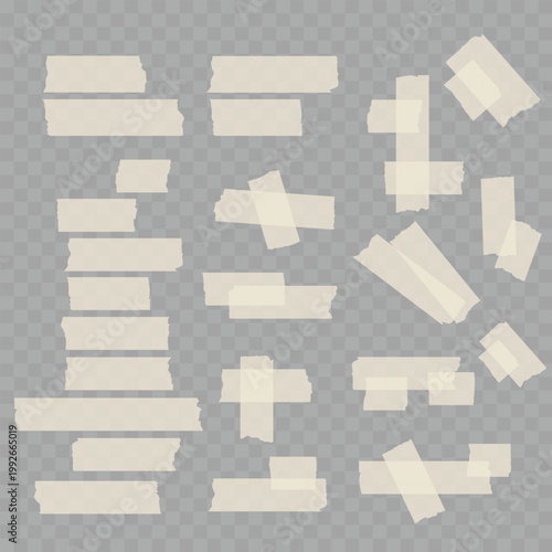 Realistic Torn Masking Tape Set. Vector Translucent Adhesive Paper Strips and Sticky Pieces.