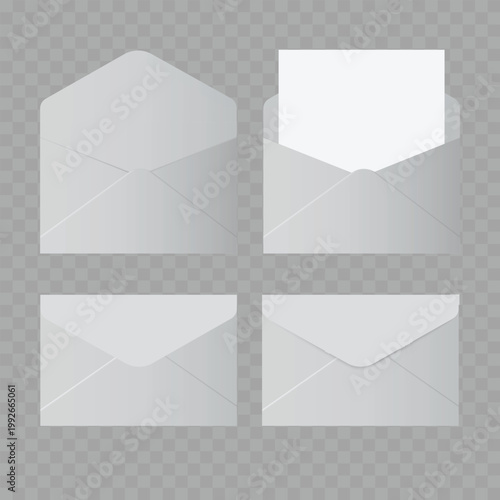 Realistic Blank White Envelope Mockup Set. Vector Open and Closed Mail Templates with Paper Card Insert.