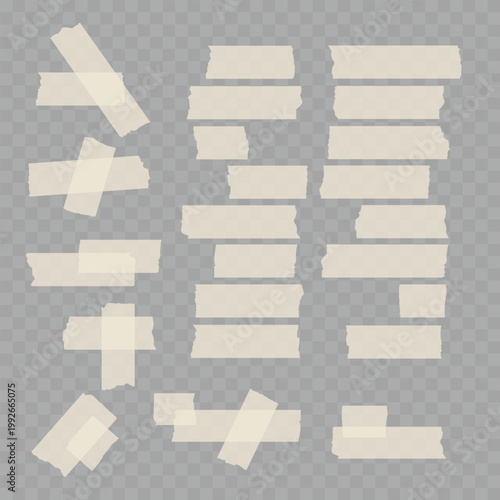 Realistic Torn Masking Tape Set. Vector Translucent Adhesive Paper Strips and Sticky Pieces.