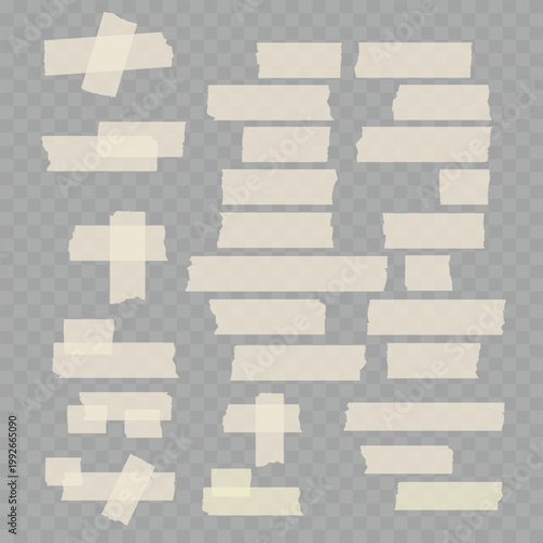 Realistic Torn Masking Tape Set. Vector Translucent Adhesive Paper Strips and Sticky Pieces.