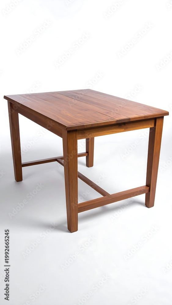 Fototapeta premium Wooden table, brown in color, rectangular, sitting on a white surface, well lit