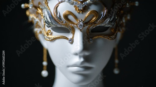 Lavish white masquerade mask with intricate gold, silver, diamond, and pearl details