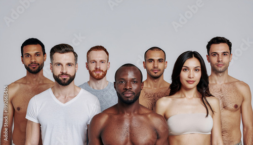 Group portrait of diverse people looking confident in front of gray studio background, showcasing calm and peaceful expression while representing unity, inclusivity, equality, and human harmony