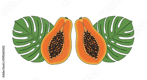 Two halves of a ripe papaya fruit with black seeds and green monstera leaves on a white background.