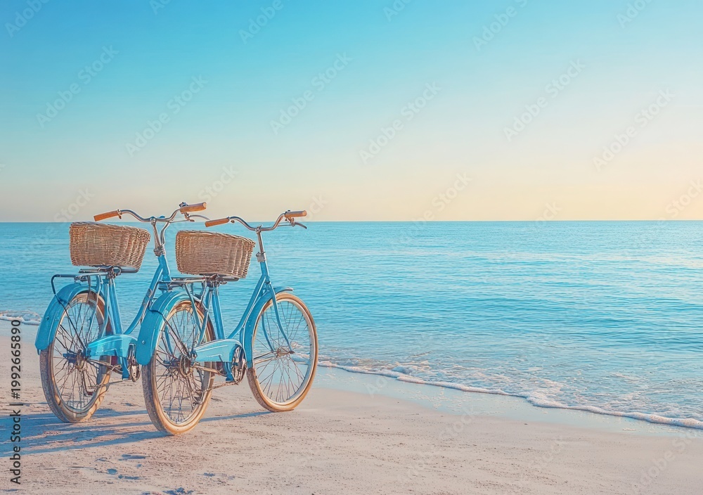 Fototapeta premium Two light blue bicycles with wicker baskets resting on a quiet sandy beach beside a calm pastel sea at sunrise, conveying peaceful romantic seaside relaxation