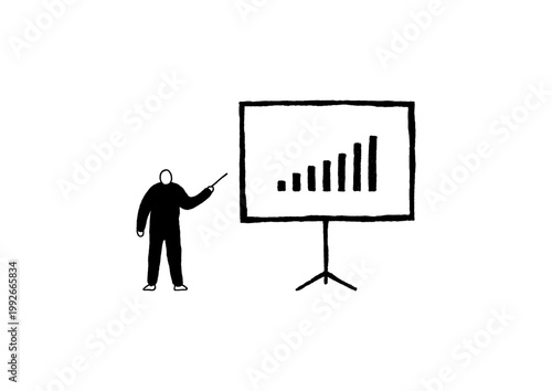 スクリーンの左側に少し離れて立つ指揮棒を持ったプレゼンターの手描きイラスト（黒）