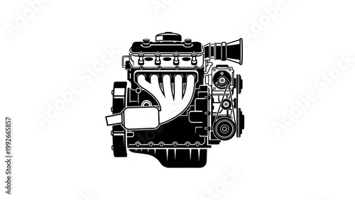 Black and white car engine.