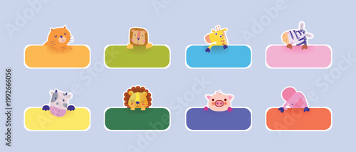 Cute cartoon animals peeking over colorful labels, sticker, tag isolated vector illustration. Playful characters pig, rabbit, tiger, giraffe, cow, and others in a fun, child-friendly illustration sty