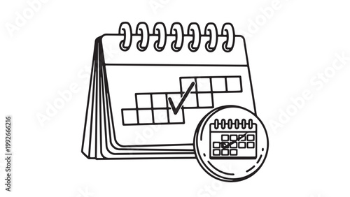 Line art desk calendar with checkmark and crossed-out dates, representing successful task completion, confirmed appointments, and efficient schedule management.