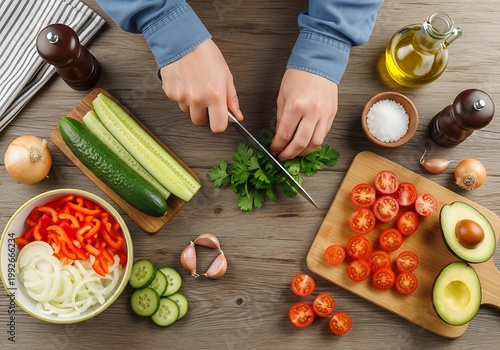 Top View of Hands Chopping Fresh Parsley Surrounded by Salad Ingredients
