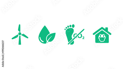 Icons featuring wind energy, plants, and sustainability symbols.