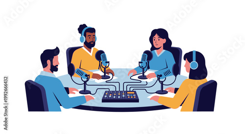 Four people recording a podcast episode.