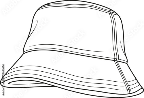 A minimalist line drawing depicts a classic bucket hat showcasing its simple form and wide brim ideal for sun protection high quality