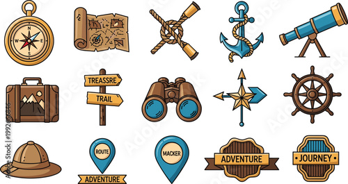Adventure Travel Navigation Icon Set Compass Map Anchor Journey Collection