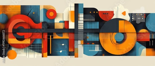 Abstract geometric composition of acoustic guitars with fretboard, strings, circular sound holes, music notes and picks in vibrant retro orange, blue and red tones conveying energetic rhythm