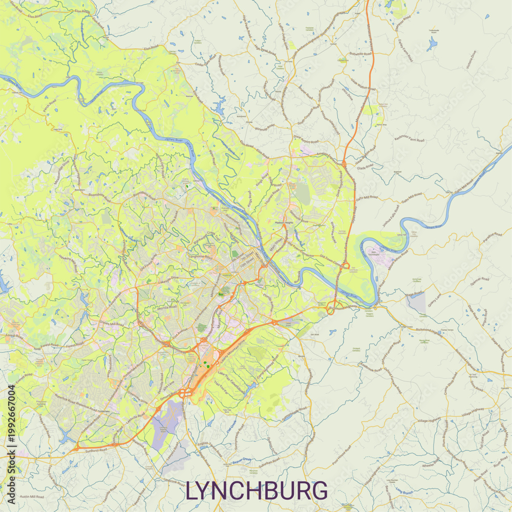 Obraz premium Detailed vector map of Lynchburg featuring roads, highways, neighborhoods, rivers, and terrain. High-resolution cartographic illustration showing the James River winding through the city