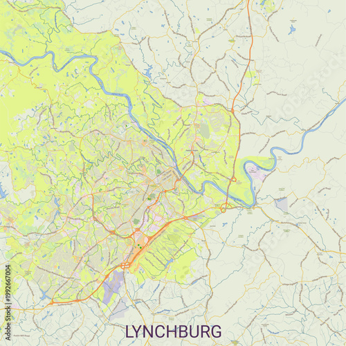 Detailed vector map of Lynchburg featuring roads, highways, neighborhoods, rivers, and terrain. High-resolution cartographic illustration showing the James River winding through the city